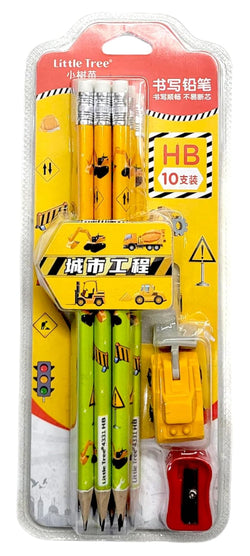 Cartoon Theme Kids' Stationery Kit with Wooden Pencils, Sharpener, Erasers
