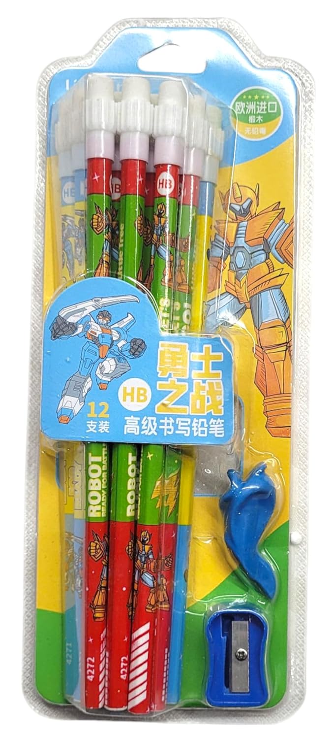 "Children's 'Little Tree' stationery set with 10 HB pencils, a yellow truck-shaped eraser, and a red pencil sharpener, all with a city engineering theme." www.usmile.toys