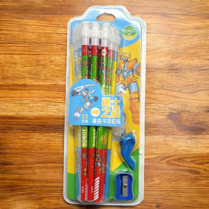 "Usmile Toys Cartoon Theme Kids' Stationery Kit in clear packaging, featuring wooden HB pencils with construction vehicles, a truck-shaped eraser, and a red sharpener." www.usmile.toys