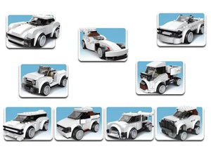 White and black "Multificence" racing car model building blocks set (181 pieces, Ages 6+), forming a sports car with a driver minifigure. Ideal learning kit for kids and aspiring builders from usmile.toys. www.usmile.toys