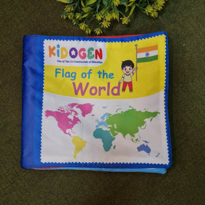 "Flag of the World" fabric book by Kidogen, displaying pages about India, USA, Italy, and the United Kingdom with their flags, landmarks, and descriptive rhymes.