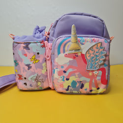 Children's navy blue and orange lunch bag set with "SPACE" astronaut and planet print, ideal for tiffins and water bottles. www.usmile.toys