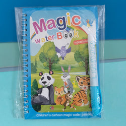 Children's magic water book with cartoon animals and a pen on a blue background