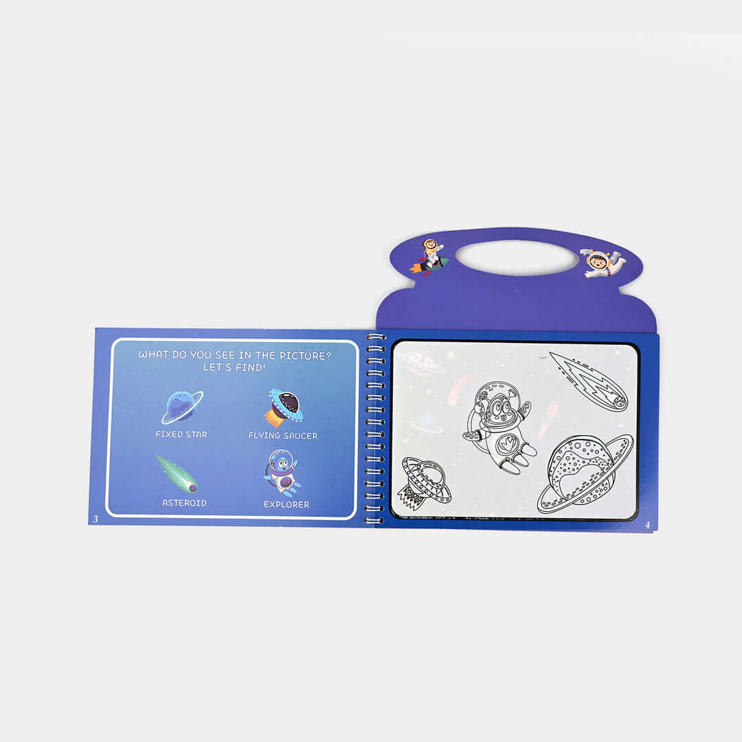 Children's activity book with space-themed illustrations on a white background
