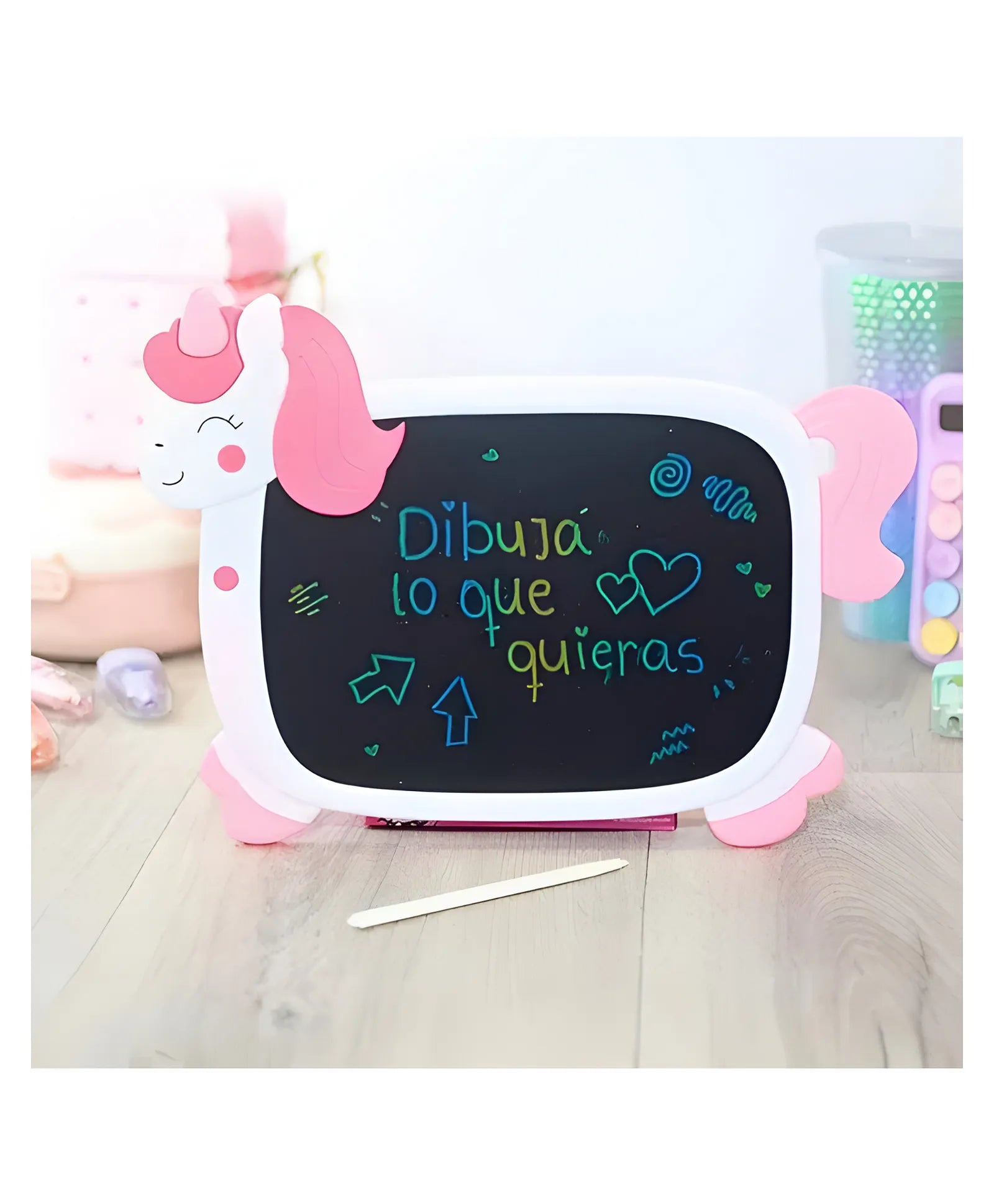 Magical unicorn-shaped LCD writing board for kids, featuring a white body with pink accents like the horn, mane, and hooves. The black screen displays 