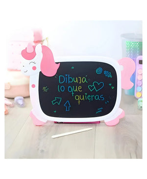 Magical unicorn-shaped LCD writing board for kids, featuring a white body with pink accents like the horn, mane, and hooves. The black screen displays "Pizarra LCD" written in green, making it a perfect reusable drawing tablet and educational toy for toddlers and children.www.usmile.com