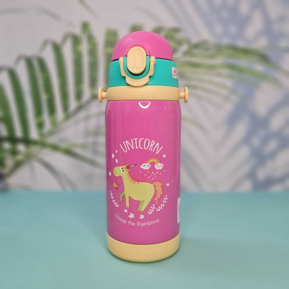A set of four colorful, insulated stainless steel water bottles designed for children. Each bottle features a flip-top straw lid, cute cartoon animal illustrations (dinosaur, hedgehog, bear chef, elephant with 'E'), the "Cocoa" brand name, and a detachable "LOVELY" patterned shoulder strap. Ideal for keeping drinks cold or warm on the go