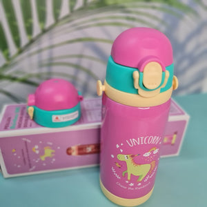 A set of four colorful, insulated stainless steel water bottles designed for children. Each bottle features a flip-top straw lid, cute cartoon animal illustrations (dinosaur, hedgehog, bear chef, elephant with 'E'), the "Cocoa" brand name, and a detachable "LOVELY" patterned shoulder strap. Ideal for keeping drinks cold or warm on the go