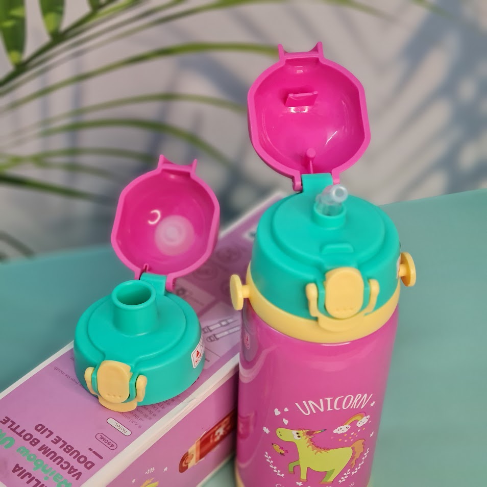 A set of four colorful, insulated stainless steel water bottles designed for children. Each bottle features a flip-top straw lid, cute cartoon animal illustrations (dinosaur, hedgehog, bear chef, elephant with 'E'), the "Cocoa" brand name, and a detachable "LOVELY" patterned shoulder strap. Ideal for keeping drinks cold or warm on the go
