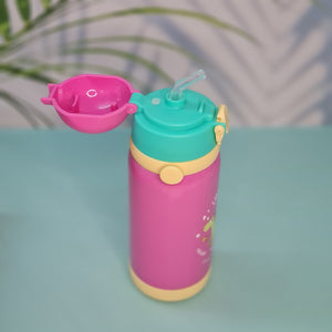 A set of four colorful, insulated stainless steel water bottles designed for children. Each bottle features a flip-top straw lid, cute cartoon animal illustrations (dinosaur, hedgehog, bear chef, elephant with 'E'), the "Cocoa" brand name, and a detachable "LOVELY" patterned shoulder strap. Ideal for keeping drinks cold or warm on the go
