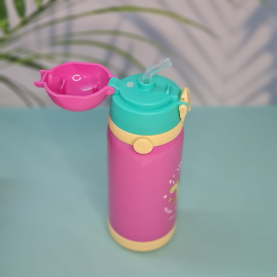 A set of four colorful, insulated stainless steel water bottles designed for children. Each bottle features a flip-top straw lid, cute cartoon animal illustrations (dinosaur, hedgehog, bear chef, elephant with 'E'), the "Cocoa" brand name, and a detachable "LOVELY" patterned shoulder strap. Ideal for keeping drinks cold or warm on the go