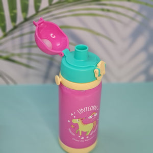 A set of four colorful, insulated stainless steel water bottles designed for children. Each bottle features a flip-top straw lid, cute cartoon animal illustrations (dinosaur, hedgehog, bear chef, elephant with 'E'), the "Cocoa" brand name, and a detachable "LOVELY" patterned shoulder strap. Ideal for keeping drinks cold or warm on the go