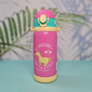 A set of four colorful, insulated stainless steel water bottles designed for children. Each bottle features a flip-top straw lid, cute cartoon animal illustrations (dinosaur, hedgehog, bear chef, elephant with 'E'), the "Cocoa" brand name, and a detachable "LOVELY" patterned shoulder strap. Ideal for keeping drinks cold or warm on the go
