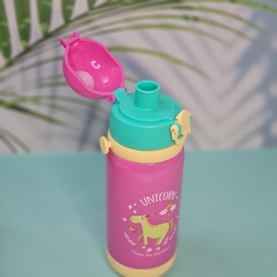 A set of four colorful, insulated stainless steel water bottles designed for children. Each bottle features a flip-top straw lid, cute cartoon animal illustrations (dinosaur, hedgehog, bear chef, elephant with 'E'), the "Cocoa" brand name, and a detachable "LOVELY" patterned shoulder strap. Ideal for keeping drinks cold or warm on the go