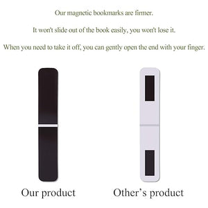 Two magnetic bookmarks, one labeled 'Our product' and the other 'Other's product', on a white background with text describing the features of 'Our product'.