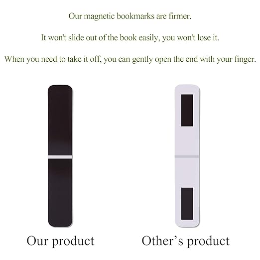 Two magnetic bookmarks, one labeled 'Our product' and the other 'Other's product', on a white background with text describing the features of 'Our product'.