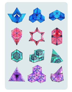 A photo of a boxed product called the “Changeable Magnetic Magic Cube.” The cube is displayed inside a unique packaging that emphasizes its geometric, triangular folding structure. The visible part of the cube has a vibrant, abstract blue design resembling swirling ocean or sky patterns. The box features various marketing phrases. The front side displays the name in bold white font: “Magic Cube,” with "Changeable" in red and "magnetic" in blue, highlighting its changeable and magnetic nature. The right side
