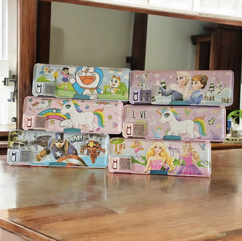 Magnetic compass box with inbuilt sharpener, cartoon themed pencil cases for kids, shop at www.usmile.toys