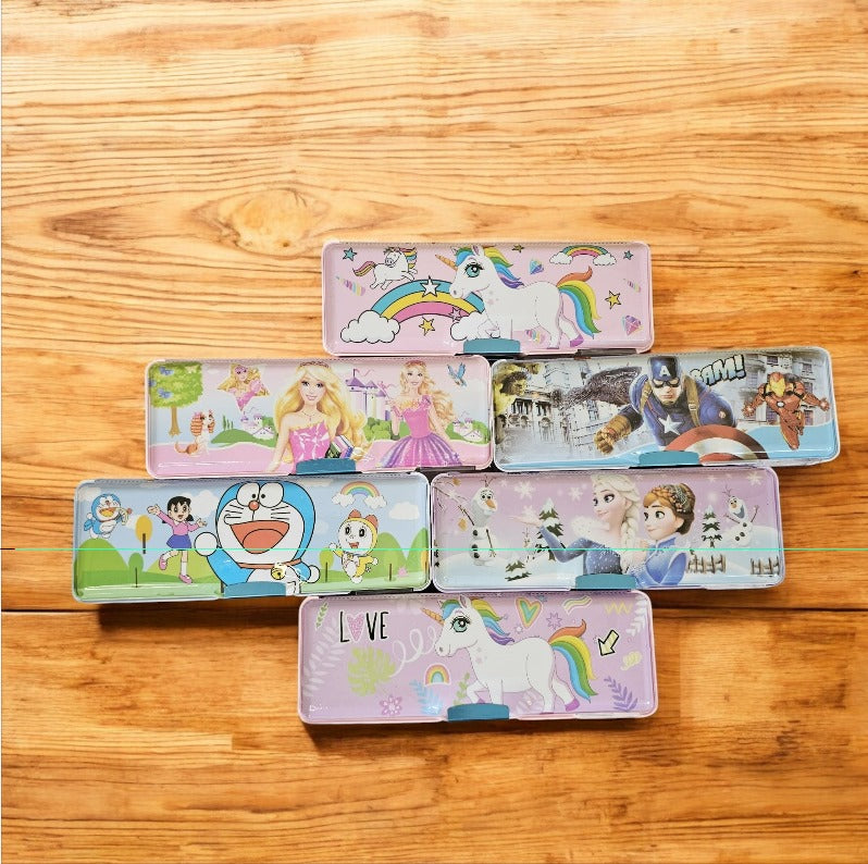 Magnetic compass box with inbuilt sharpener, cartoon themed pencil cases for kids, shop at www.usmile.toys
