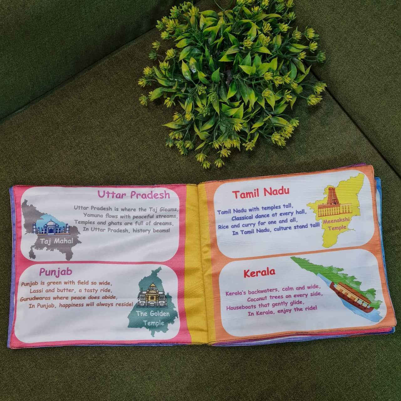  "The Land of Many States" fabric book by Kidogen, showcasing an Indian map, traditional dancers, temples, Ganesha, and a boat, with the brand logo.