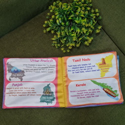  "The Land of Many States" fabric book by Kidogen, showcasing an Indian map, traditional dancers, temples, Ganesha, and a boat, with the brand logo.
