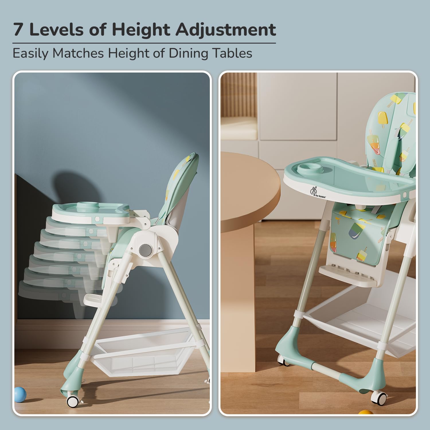 Mint green R For Rabbit Marshmallow baby high chair with fun ice cream pattern, adjustable tray, and footrest, suitable for feeding and play." www.usmile.toys
