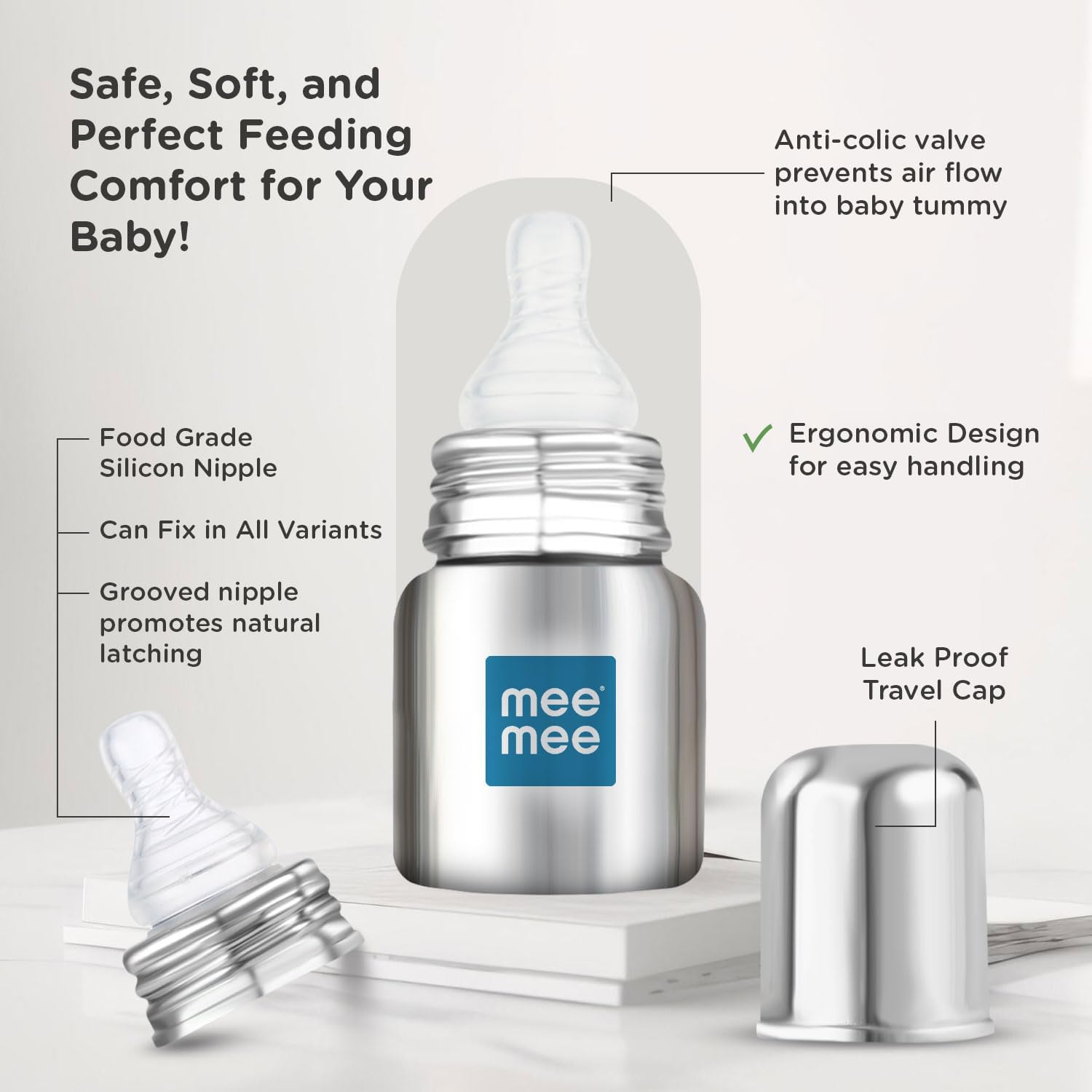 Mee Mee Baby Steel Feeding Bottle | Baby Milk Bottle with Advanced Anti Colic Valve, BPA Free, Soft Silicone Teat, Wide Neck for Babies/Infants/Newborns of 0-2 Years (Small -120ml)
www.usmile.toys