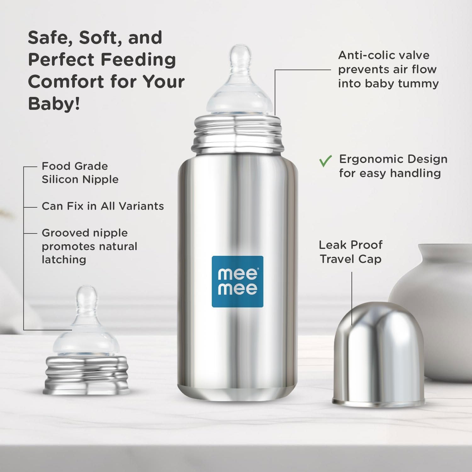 Mee Mee Baby Steel Feeding Bottle | Baby Milk Bottle with Advanced Anti Colic Valve, BPA Free, Soft Silicone Teat, Wide Neck for Babies/Infants/Newborns of 0-2 Years (Large - 300ml)
www.usmile.toys