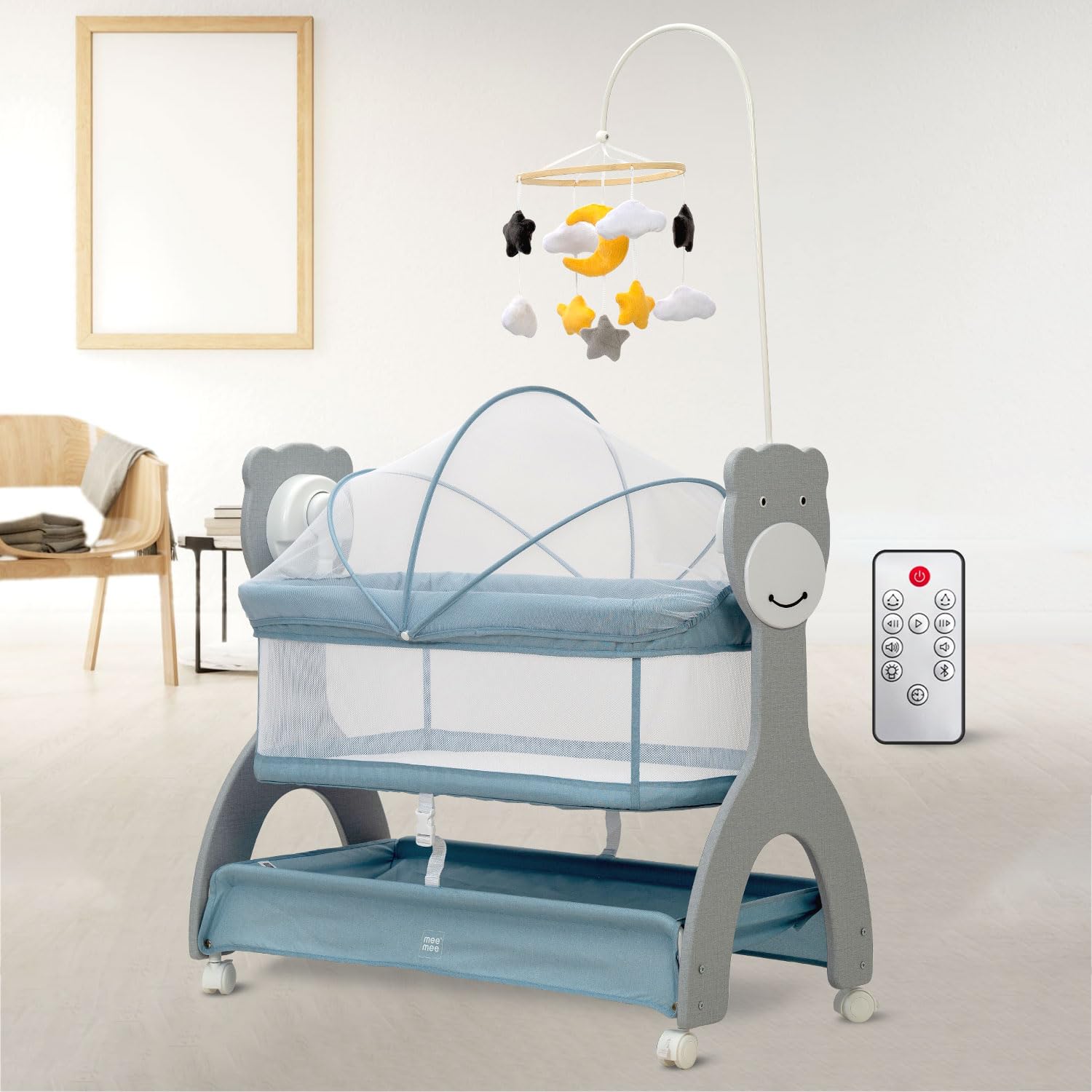 Baby crib with mosquito net and remote control in a room setting