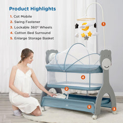 Baby crib with cot mobile, swing fastener, and other features labeled on a white background.