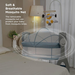 Baby crib with a soft and breathable mosquito net in a bedroom setting.