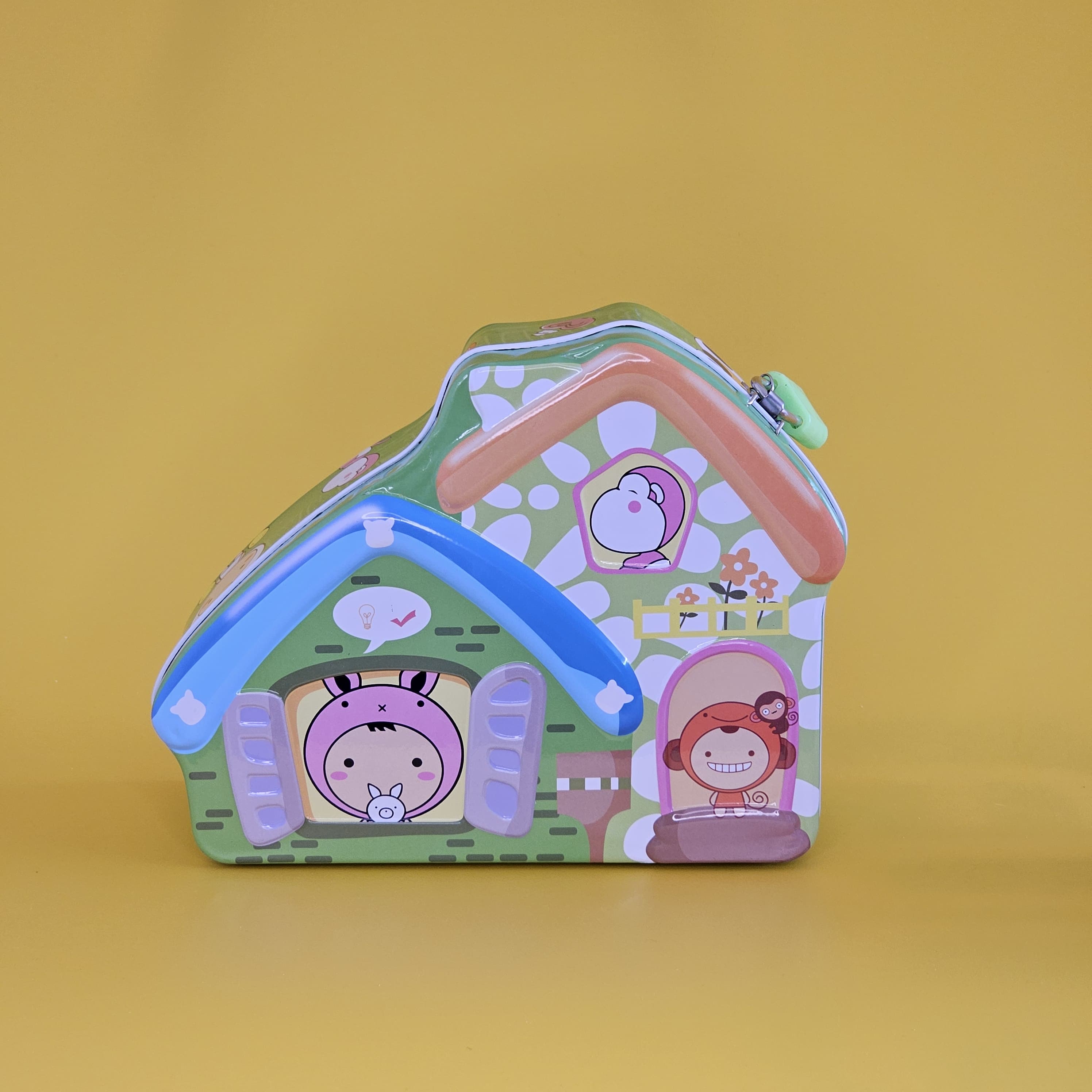 Adorable house-shaped metal money boxes for children, featuring cartoon animal characters. Perfect for saving coins and teaching kids about money, available at usmile.toys