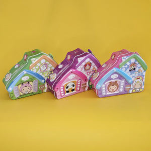 Adorable house-shaped metal money boxes for children with lock and keys, featuring cartoon animal characters. Secure savings for kids, shop at usmile.toys