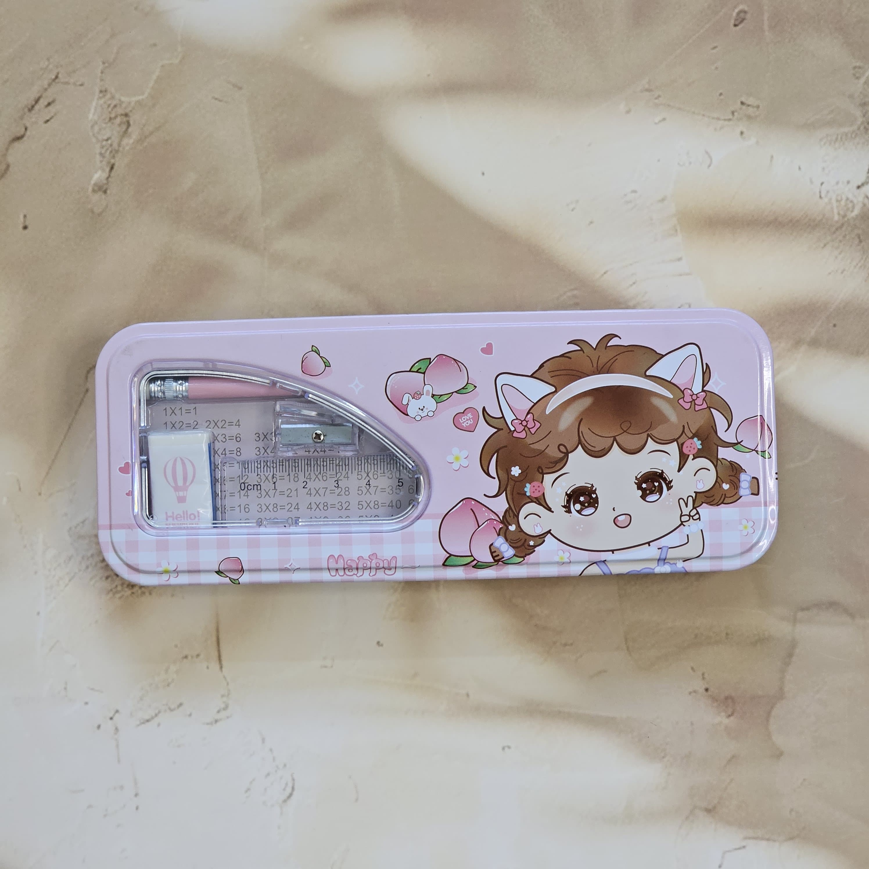 Cute cartoon metal pencil case with stationery set – perfect school geometry box for kids. www.usmile.toys