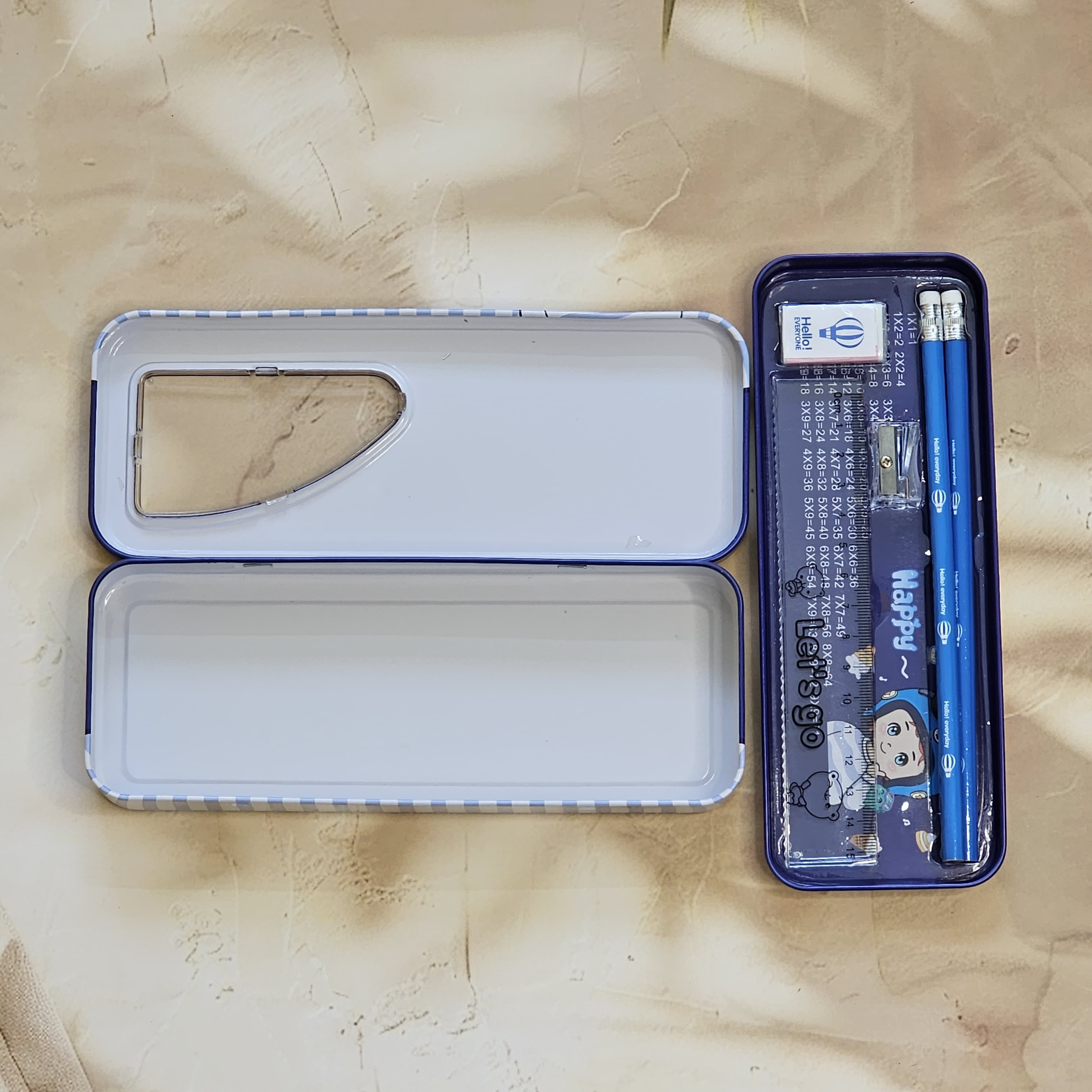 "Cute cartoon metal pencil case with stationery set – perfect school geometry box for kids www.usmile.toys