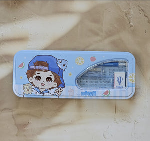 Adorable pink metal pencil box with essential stationery – ruler, eraser, sharpener, and more. www.usmile.toys