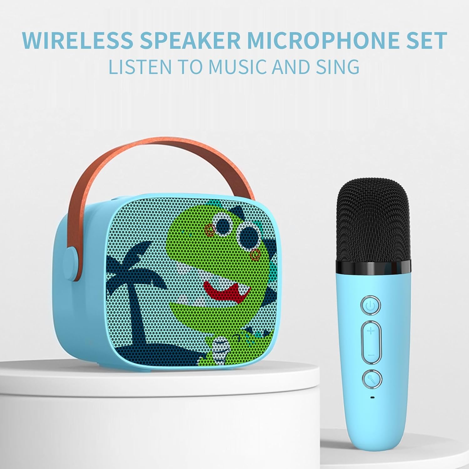 Cute blue mini karaoke portable Bluetooth speaker with a smiling green dinosaur design, paired with a matching wireless microphone for kids, by Usmile Toys." www.usmile.toys