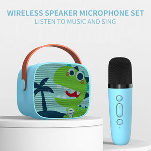 Cute blue mini karaoke portable Bluetooth speaker with a smiling green dinosaur design, paired with a matching wireless microphone for kids, by Usmile Toys." www.usmile.toys