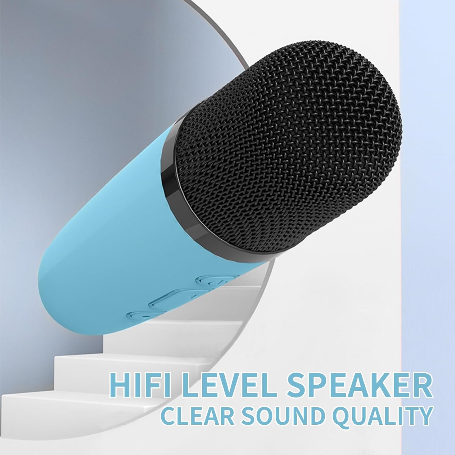 Usmile Toys children's karaoke set: a compact, light blue portable speaker featuring a fun dinosaur graphic and an orange handle, accompanied by a wireless microphone." www.usmile.toys