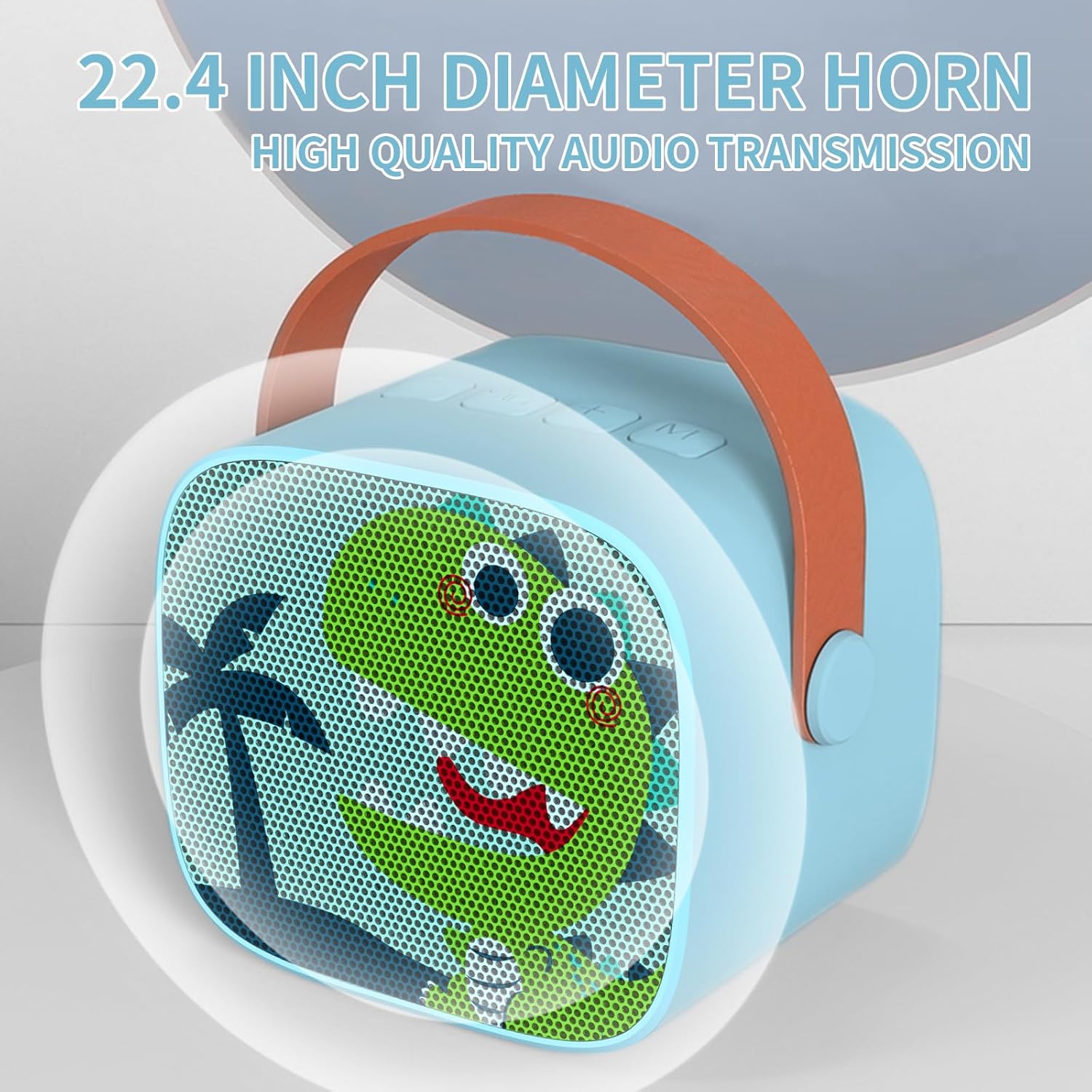 Usmile Toys children's karaoke set: a compact, light blue portable speaker featuring a fun dinosaur graphic and an orange handle, accompanied by a wireless microphone." www.usmile.toys