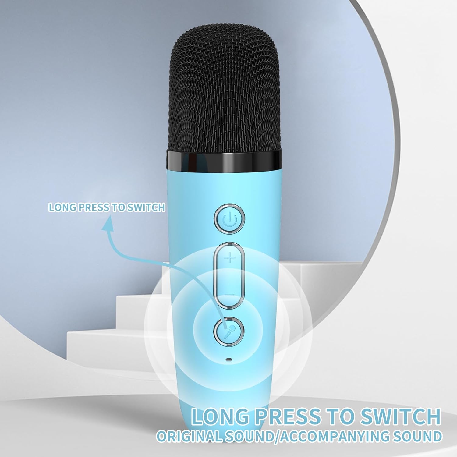 Close-up of a Usmile Toys kids' karaoke system, including a blue Bluetooth speaker with an animated dinosaur and a handheld wireless microphone, perfect for singing." www.usmile.toys