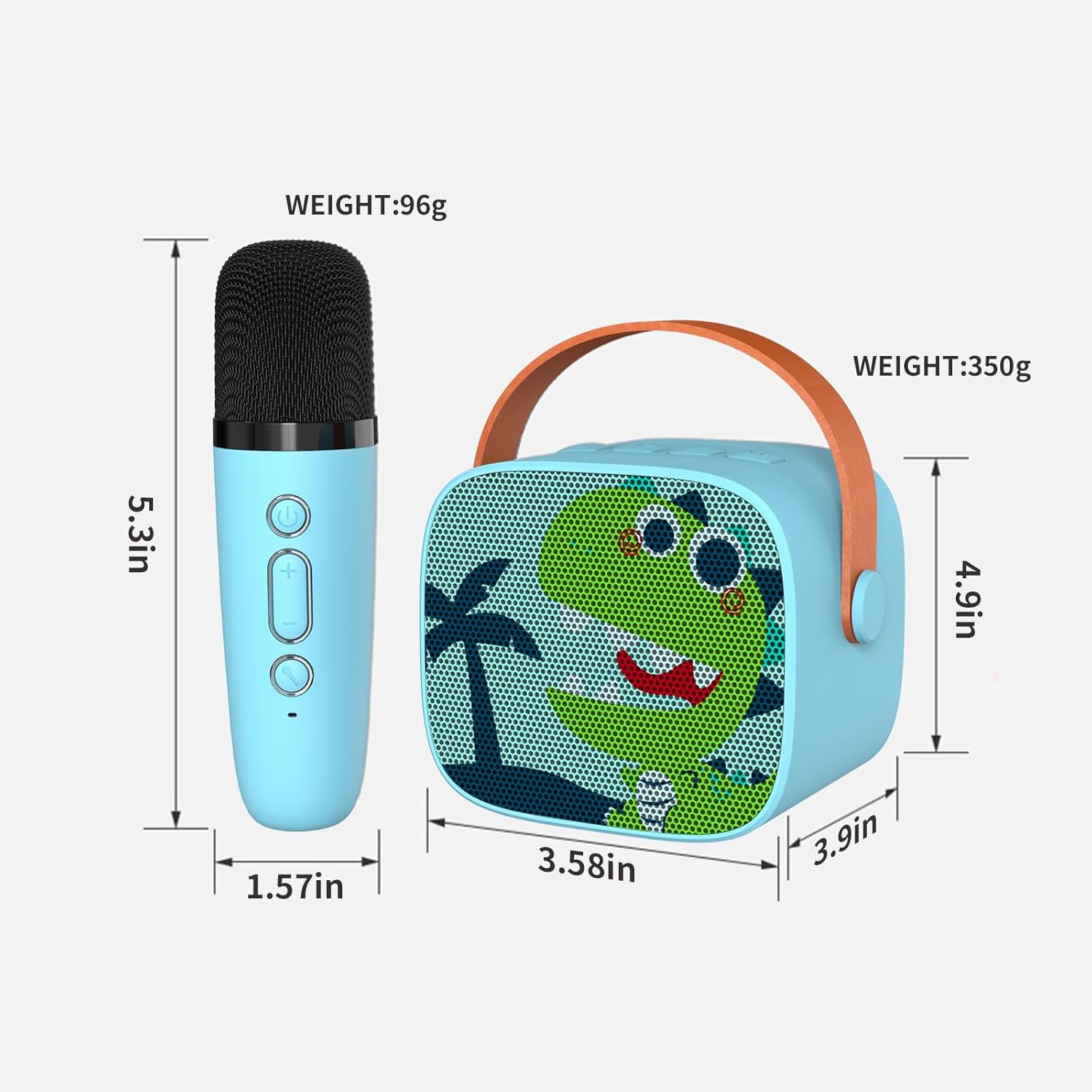 Close-up of a Usmile Toys kids' karaoke system, including a blue Bluetooth speaker with an animated dinosaur and a handheld wireless microphone, perfect for singing." www.usmile.toys