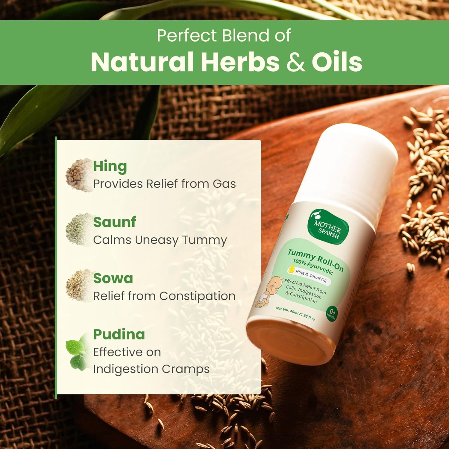 Mother Sparsh Tummy Roll On For Baby, Colic Relief, Constipation and Indigestion With Hing & Saunf | 100% Ayurvedic - 40ml
