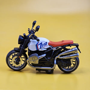 Diecast model bike for kids, white and black with red seat, available at usmile.toys