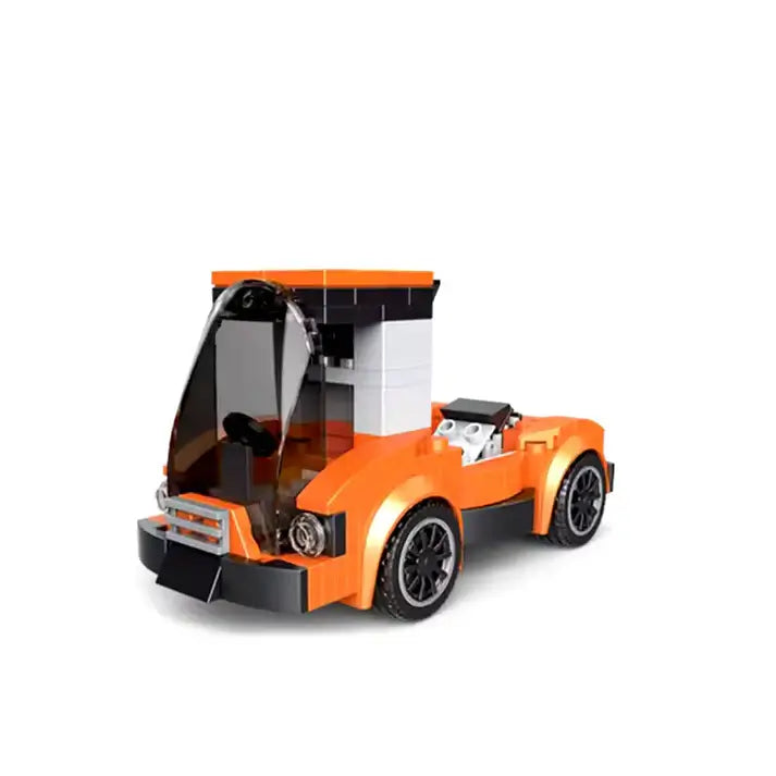 Orange toy car made of interlocking bricks on a white background