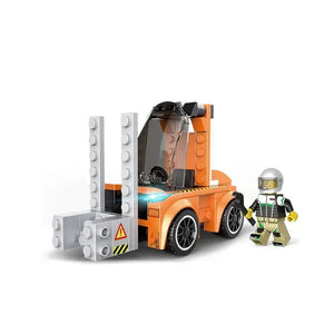 LEGO forklift set with a figure on a white background