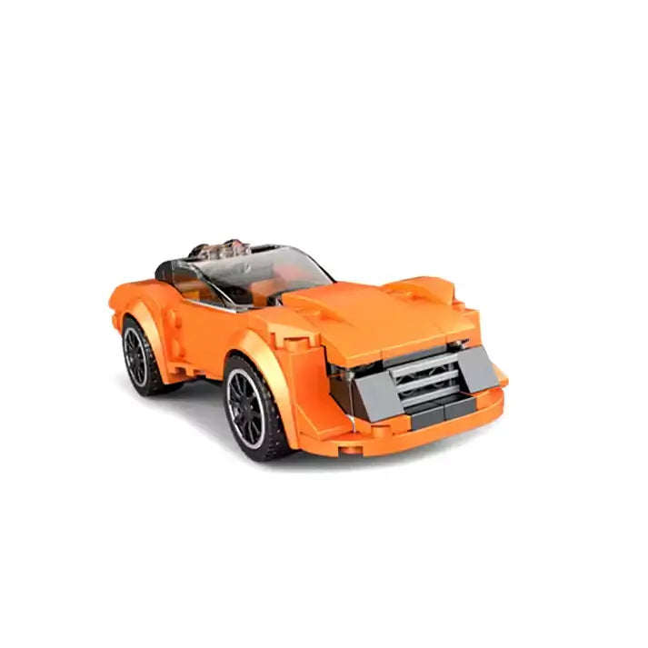 Orange toy car model on a white background