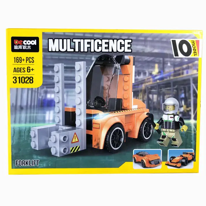 Toy building block set packaging with a forklift model and astronaut figure on a white background.