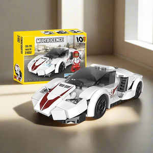 "White Multilicence Super Car building block set by Usmile Toys, featuring a sleek sports car design with red accents, and its yellow packaging for ages 6+."
 www.usmile.toys