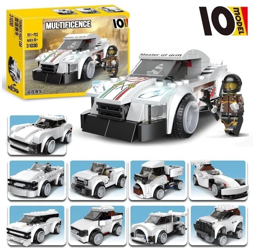 Interactive Usmile Toys building toy: a finished model of the Multilicence Super Car from a 200+ piece block set, with its original box showing a driver minifigure."